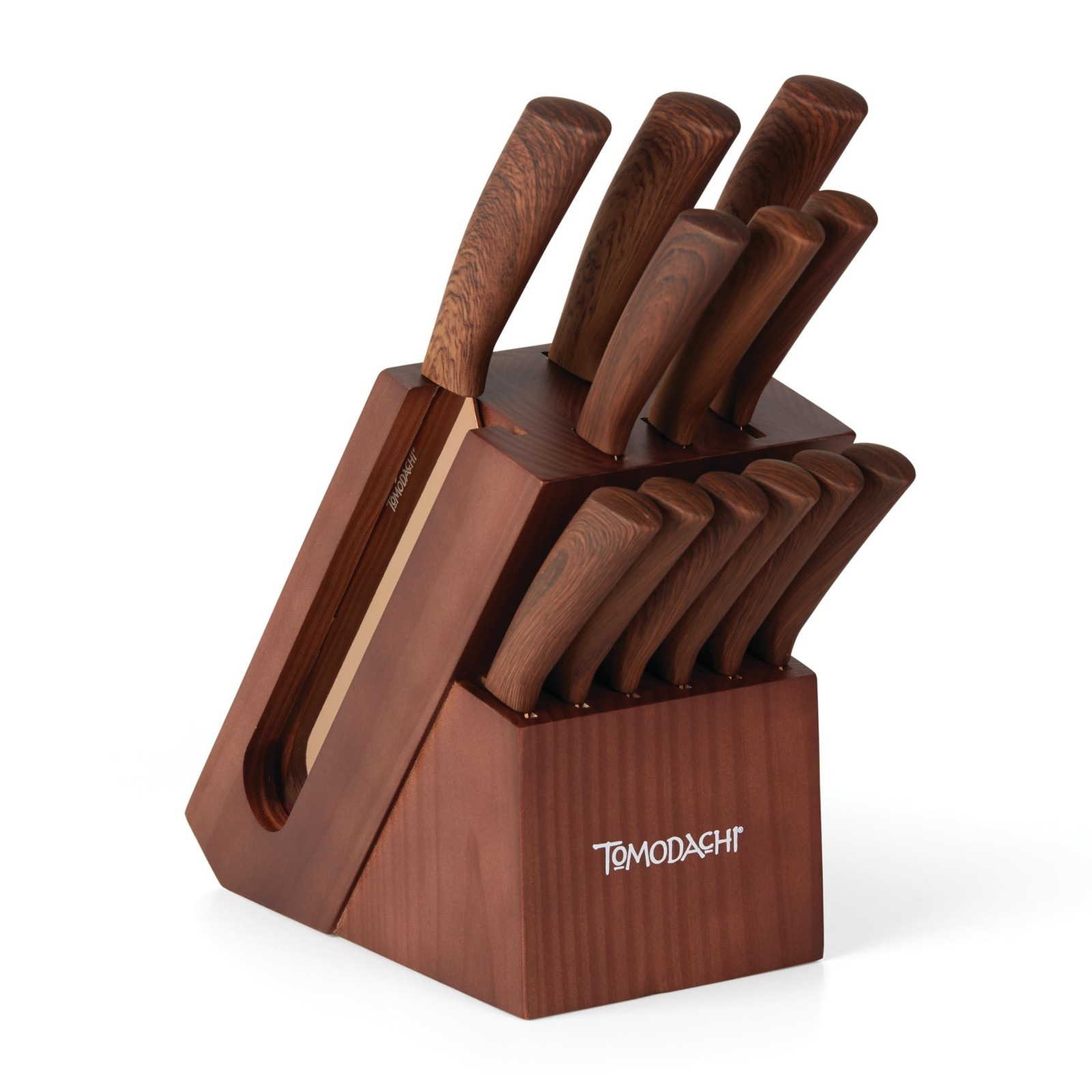 13-Piece Copper Knife Block Set, Brown Wood Kitchen Cutlery, Sharp & Durable