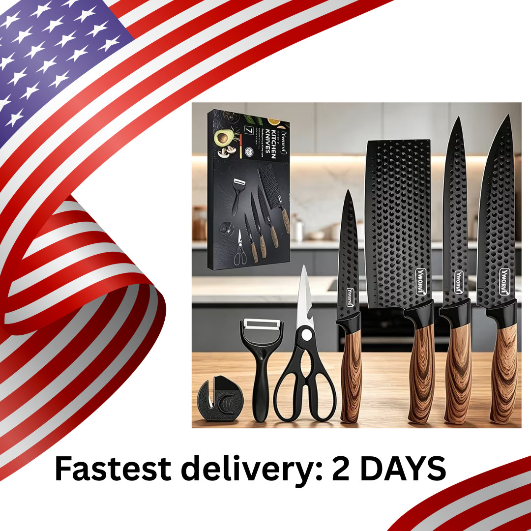 7 Pcs Professional Kitchen Knife Set Stainless Steel Chef Scissors Block