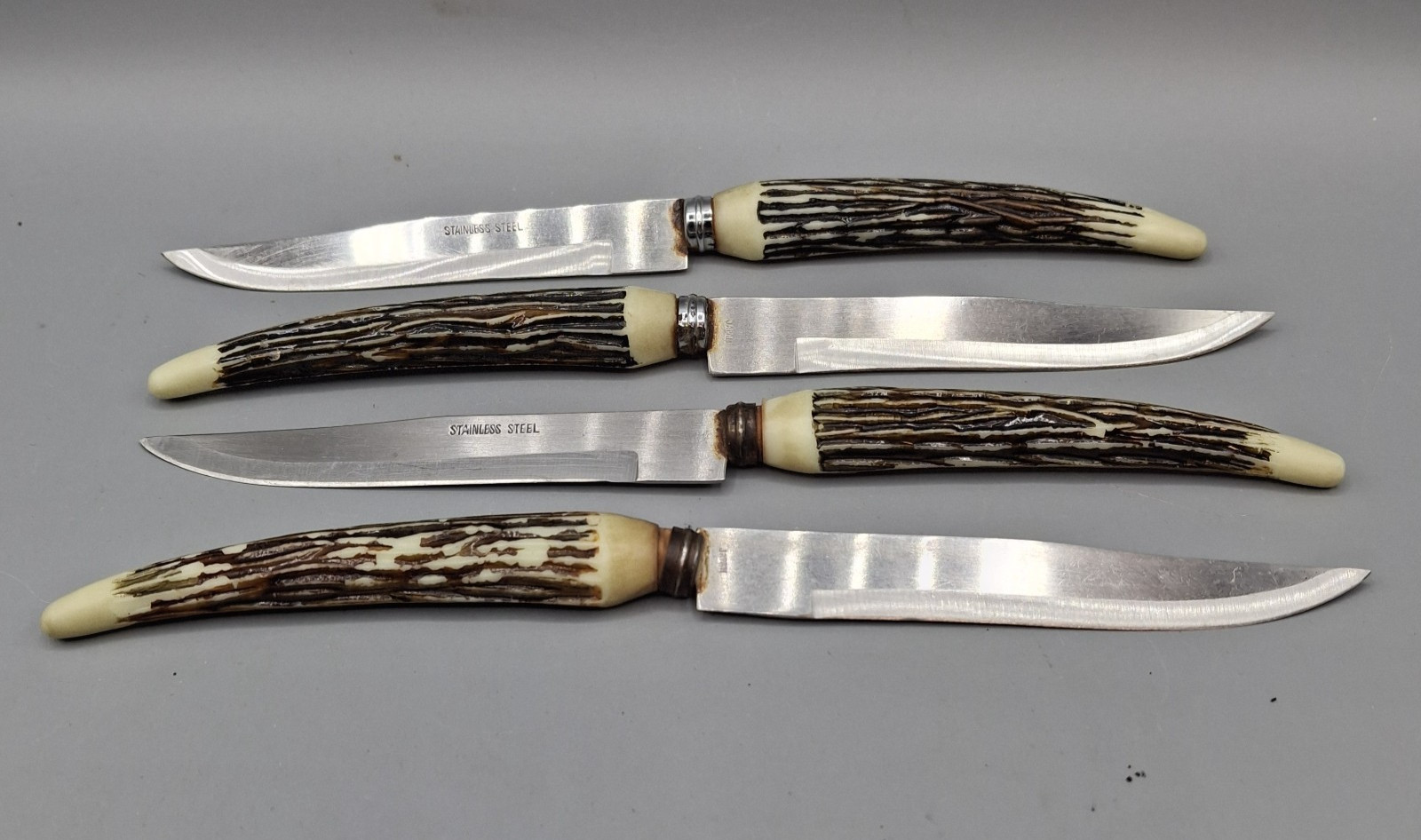 Lot of 4 Stainless Steel Steak Knives Faux Stag Horn Antler Handles, Made Japan