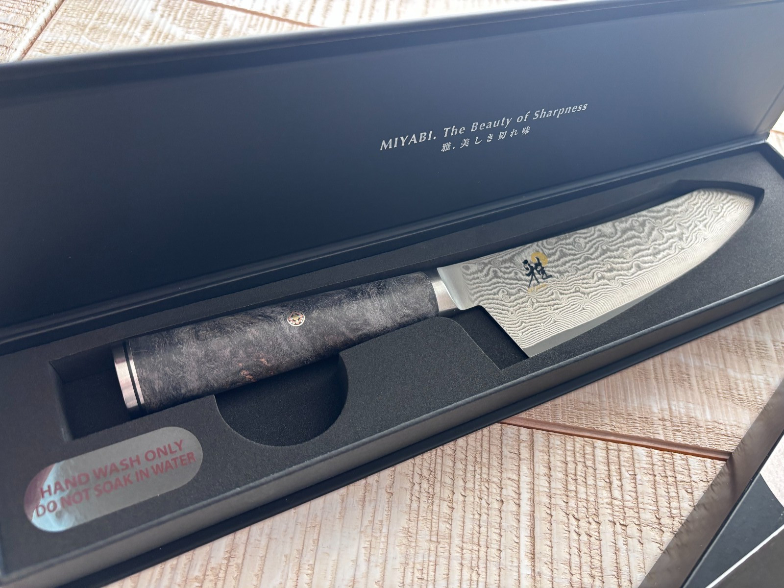 Miyabi Black 7-inch Rocking Santoku, Fine Edge. Open Box. Damascus Blade
