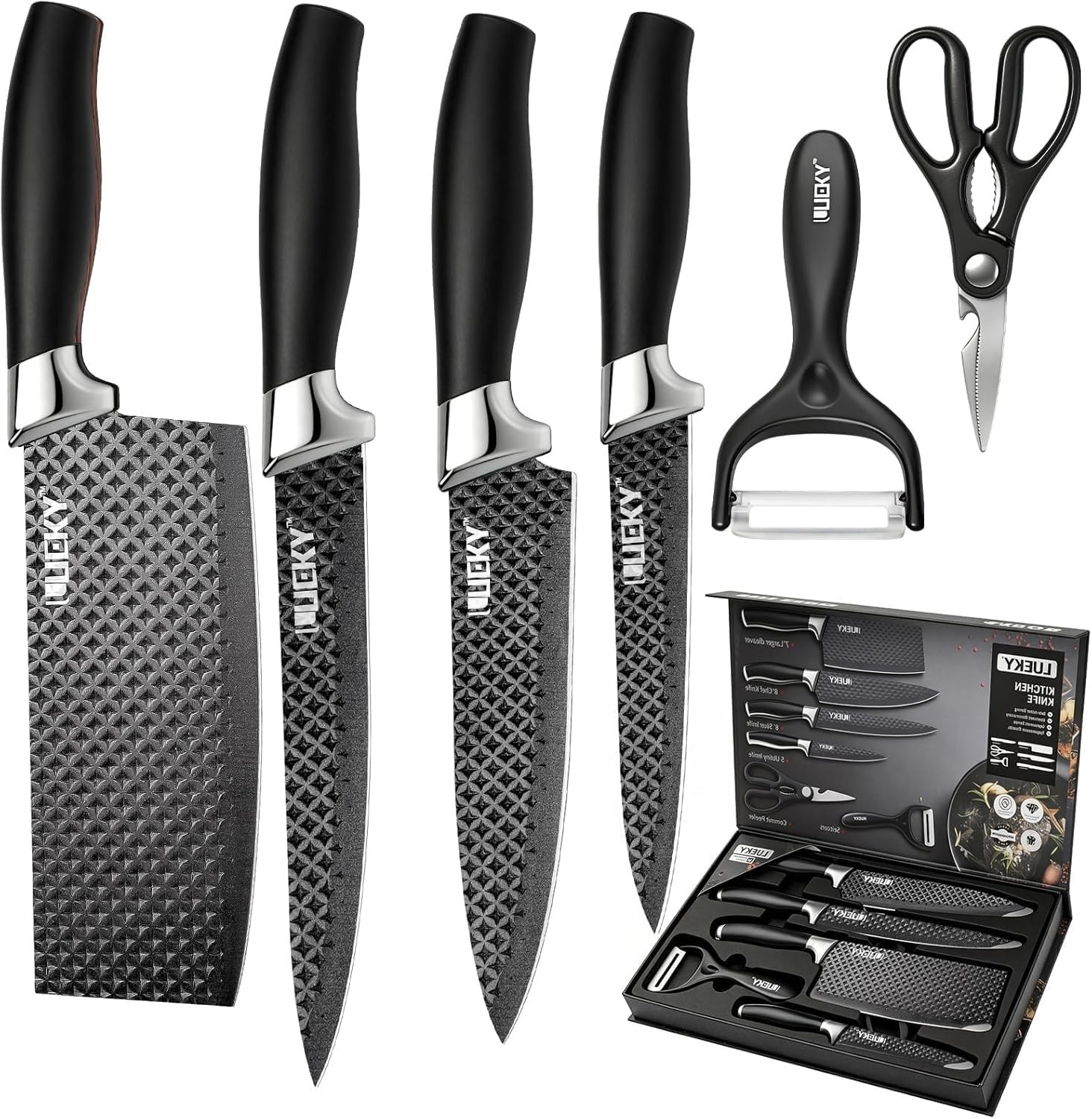 6PCS Kitchen Knife Set Stainless Steel Chef Knives Scissors Peeler Gift Box Blac