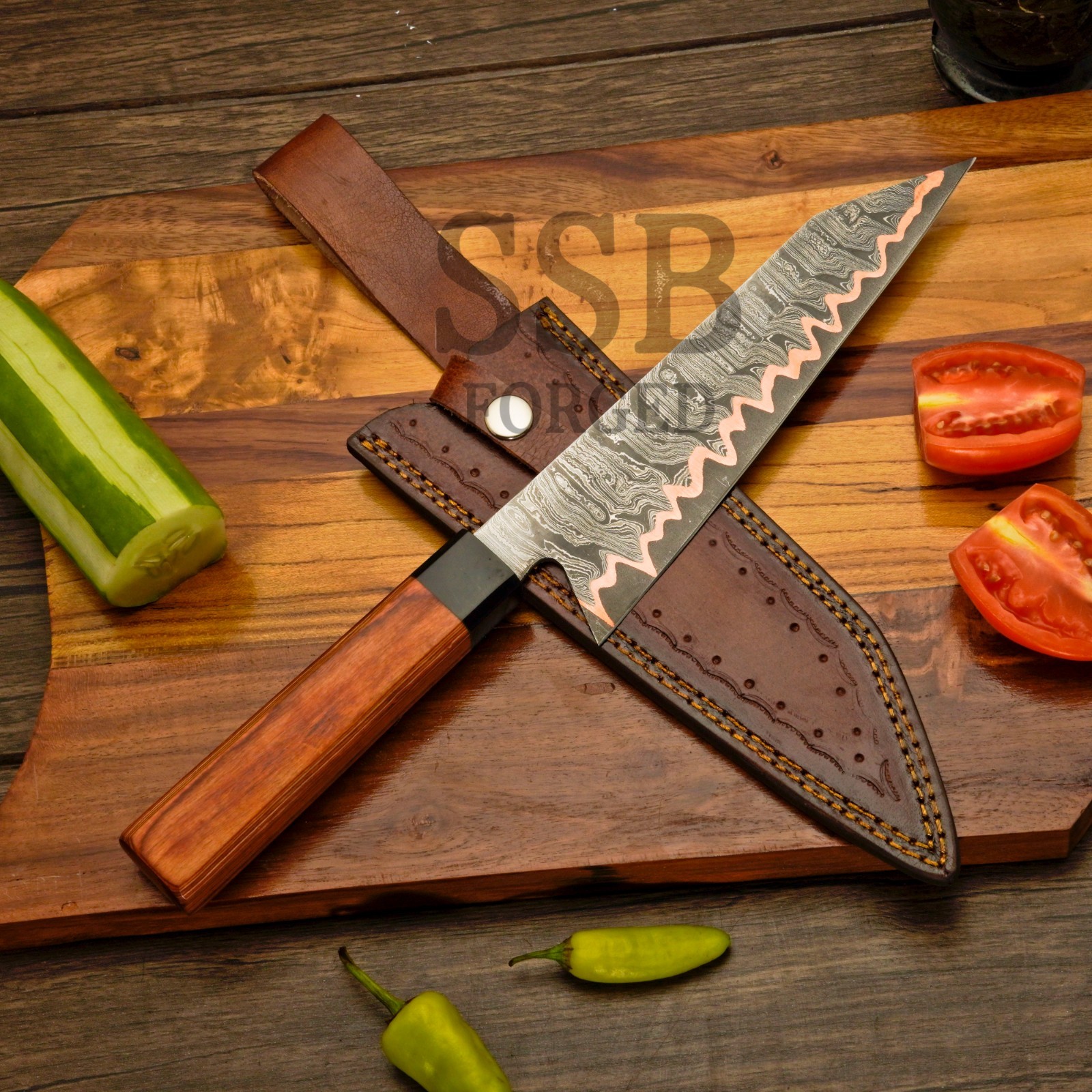 Handmade SSB Premium Copper Damascus Chef Knife – Cu Mai Full Tang Kitchen Knife