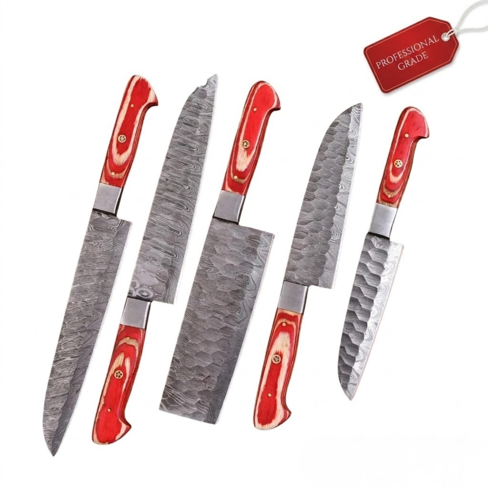 5-Piece Premium Damascus Kitchen Knife Set Crimson Wood Handles Heirloom Gift