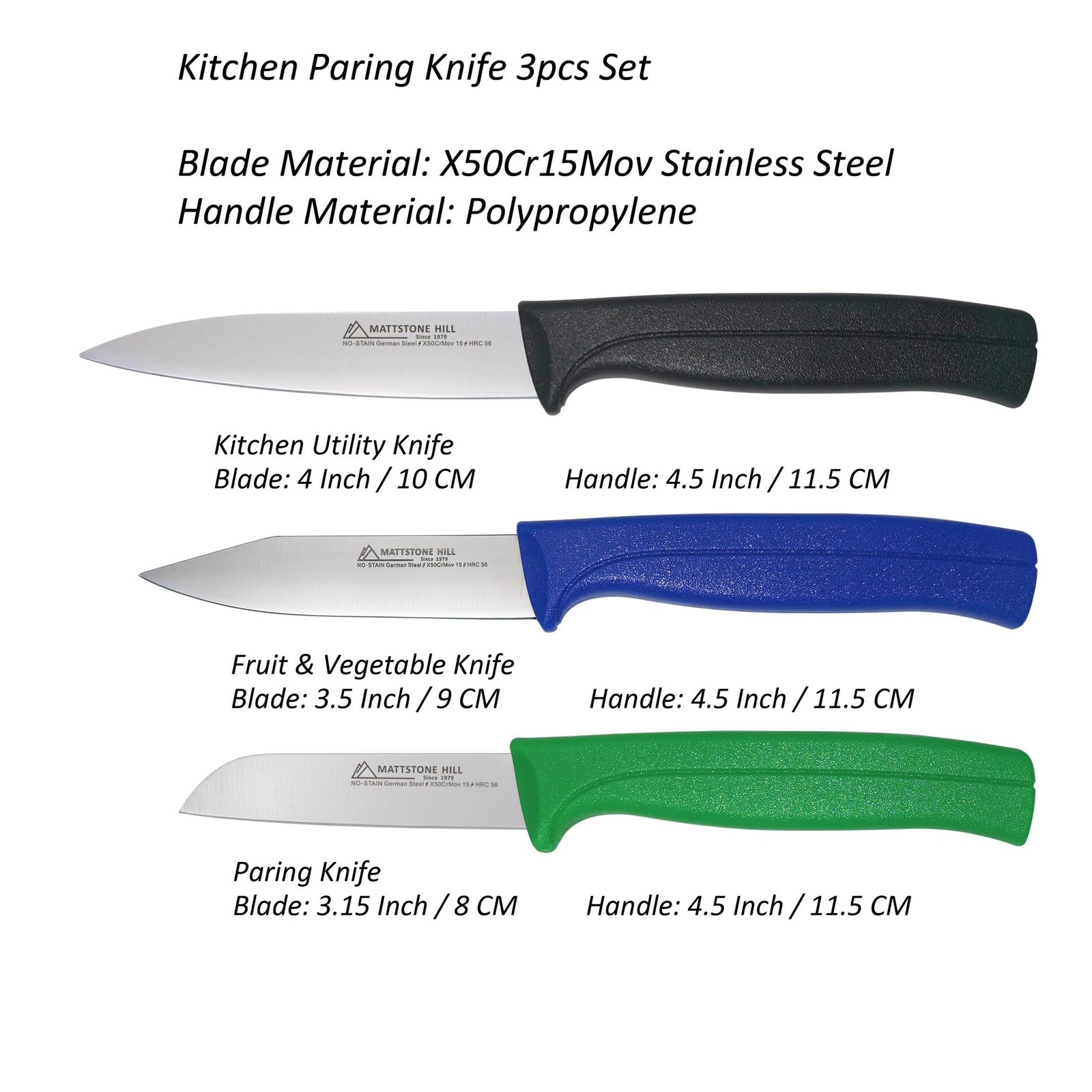 3 PCS Black Blue Green Paring Knives Set Premium Stainless Steel Kitchen Tool
