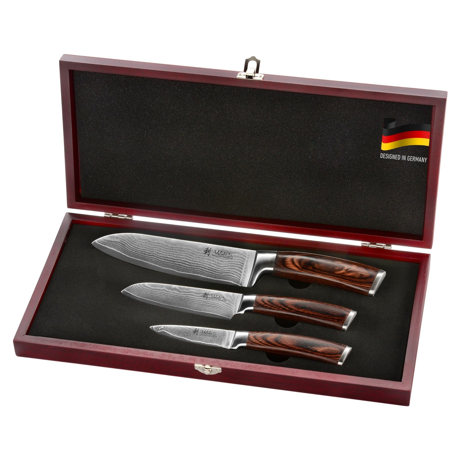 Wakoli EDIB 3-Piece Damascus Kitchen Knife Set in Wooden Gift Box – (VG10 Core)