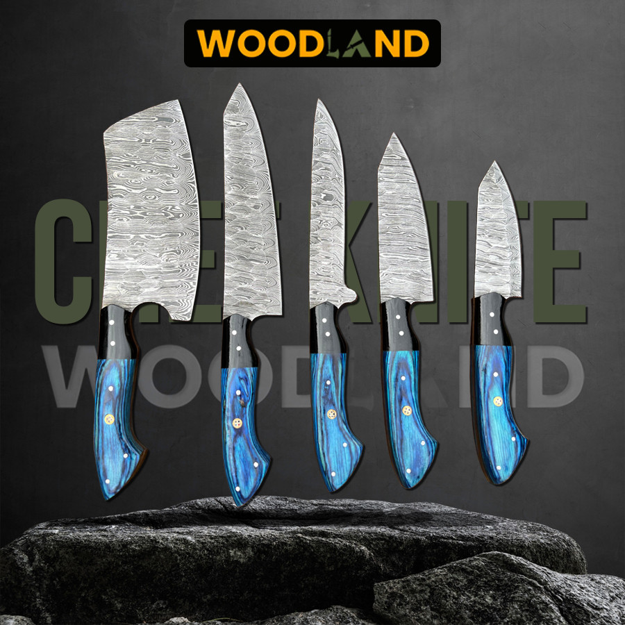 Handmade 5-Piece Damascus Steel Kitchen Knife Set | Blue & Black Handle