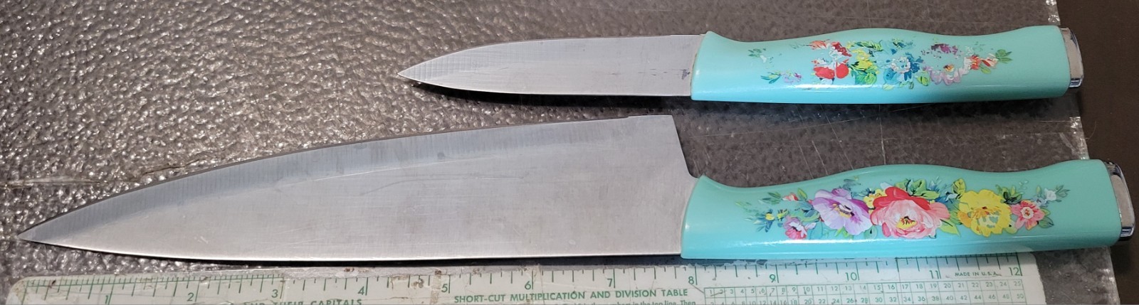 Pioneer Woman Teal Floral Sweet Romance 8″ Chef & 4″ Paring Knife & Blade Guards