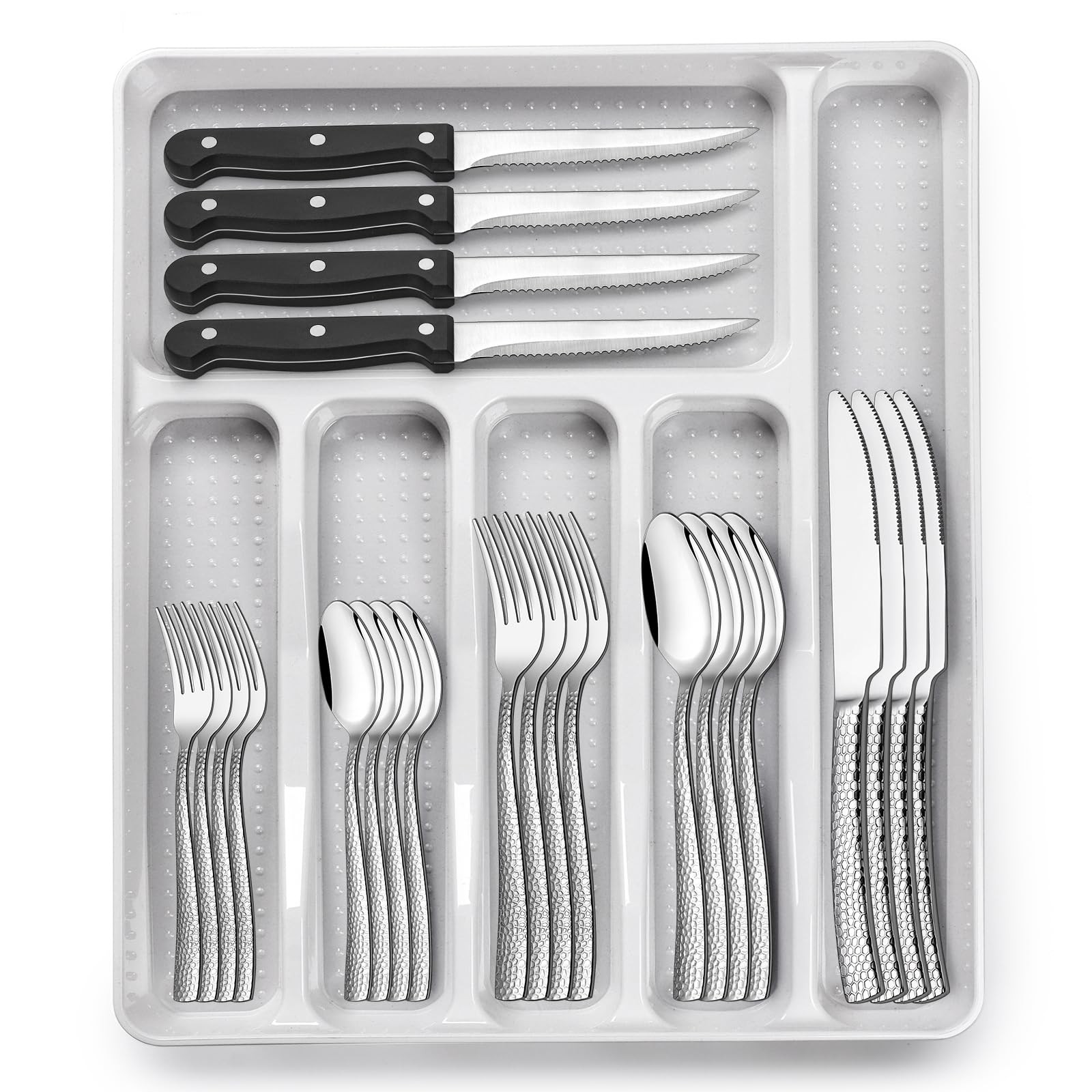 49piece Hammered Silverware Set With Organizer Heavy Duty Stainless Steel Wave F