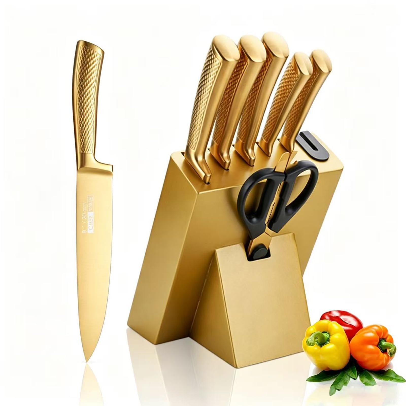 Luxury Gold Kitchen Knife Set with Wooden Block,8-Piece Titanium Coated Dishw…