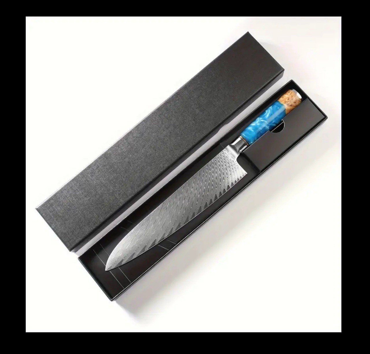 Damascus Steel Knife – 5 Piece Set – Unique Blue Resin Wood Handle w/ Gift Box