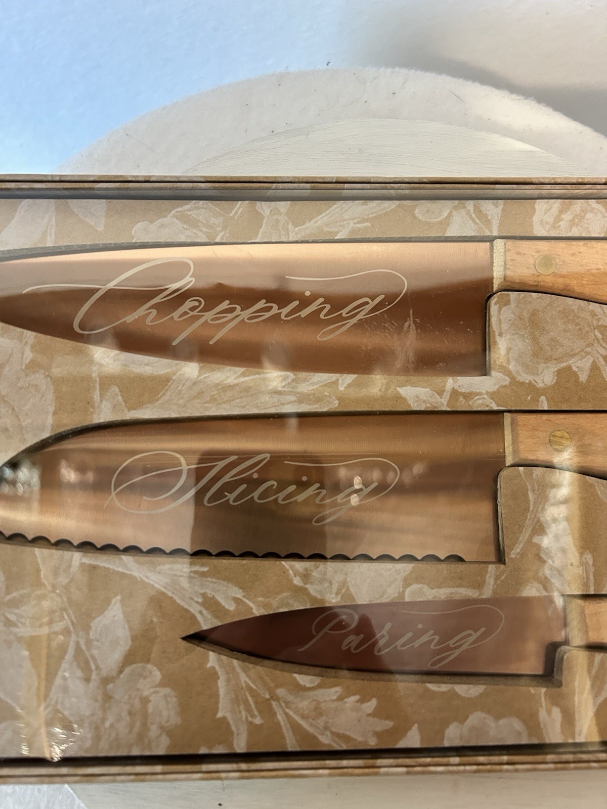 Handcrafted Copper & Beechwood Kitchen Knives Set of 3 Chopping Slicing Paring