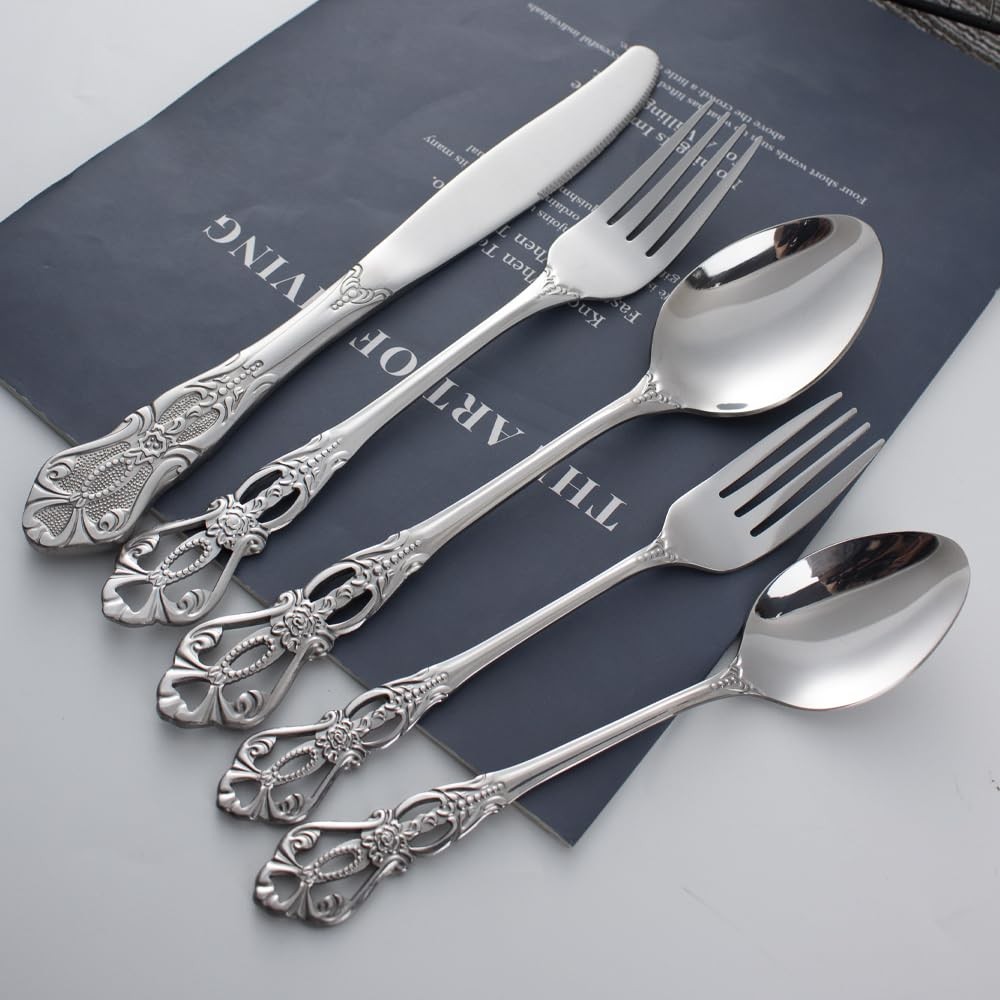 40-Piece Stainless Steel Flatware Set, Silver Silverware Set Service for 8, C…