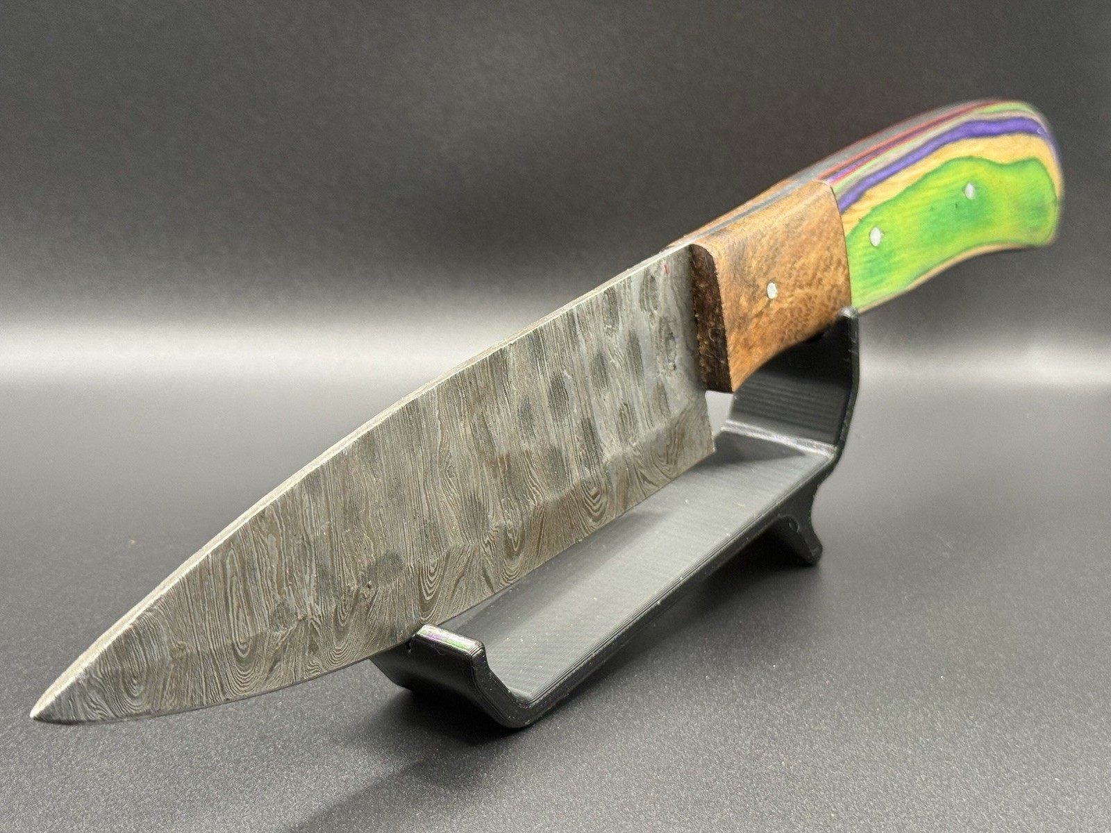 Damascus Steel Full Tang Fixed Blade Chefs Knife W Sculpted Wood Handle