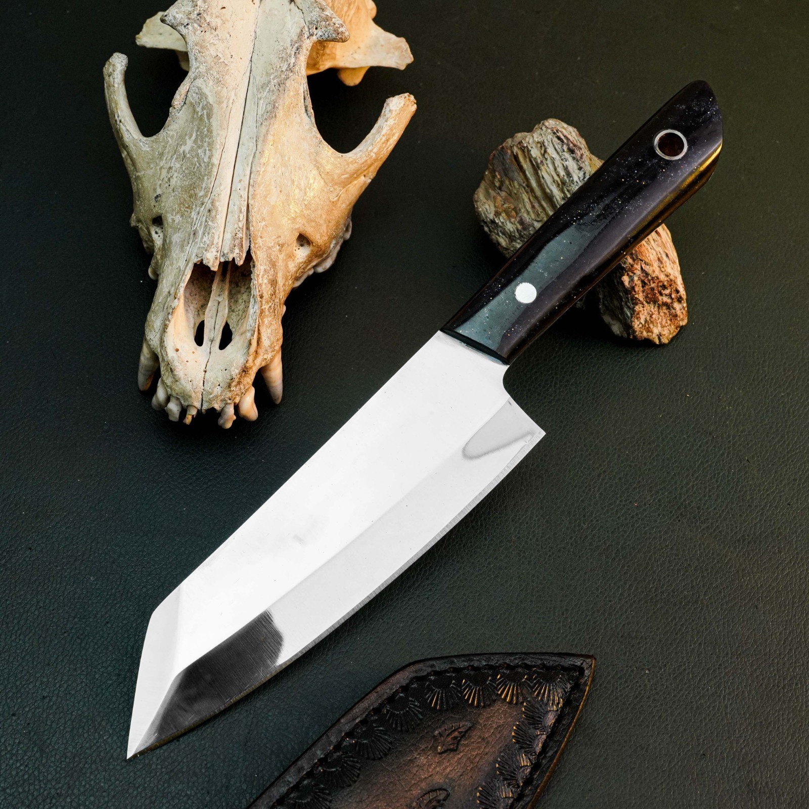 10.5″ D2 Kitchen Knife Full Tang Camping Resin Handle Chef Leather Sheath