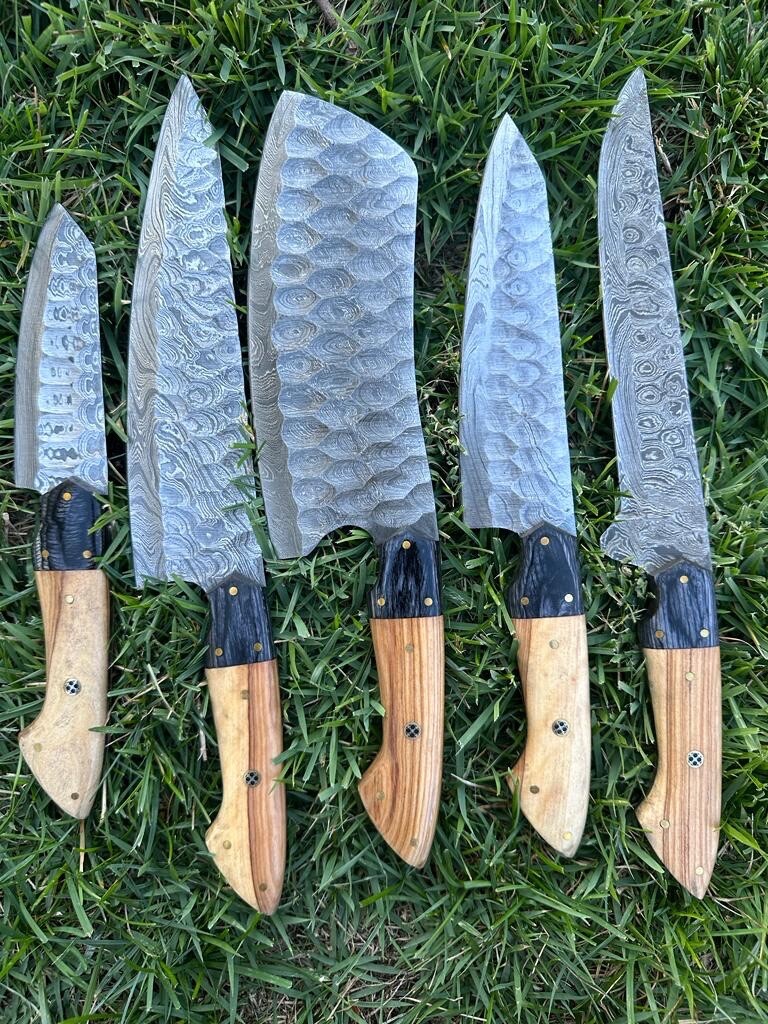 HANDMADE DAMASCUS STEEL CHEF KNIFE KITCHEN KNIVES CHEF SET Wood Bull Horn Handle