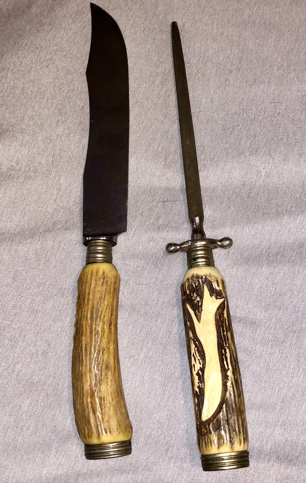 VINTAGE KERSHAW SOLINGEN GERMANY CARVED ANTLER HANDLES 2PC CARVING SET RARE