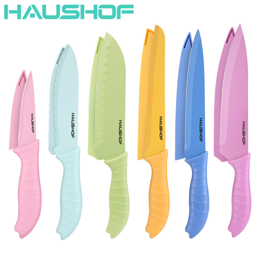 HAUSHOF 6PC Kitchen Knife Set Non-Stick Coated Stainless Steel Blades for Dicing