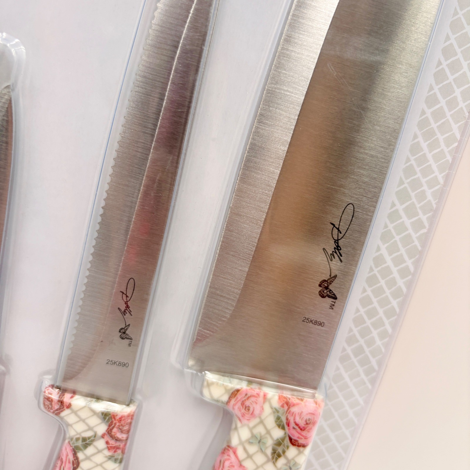 Dolly Parton 3-Piece Chef Knife Set Carbon Steel Floral Rose Pink White NEW
