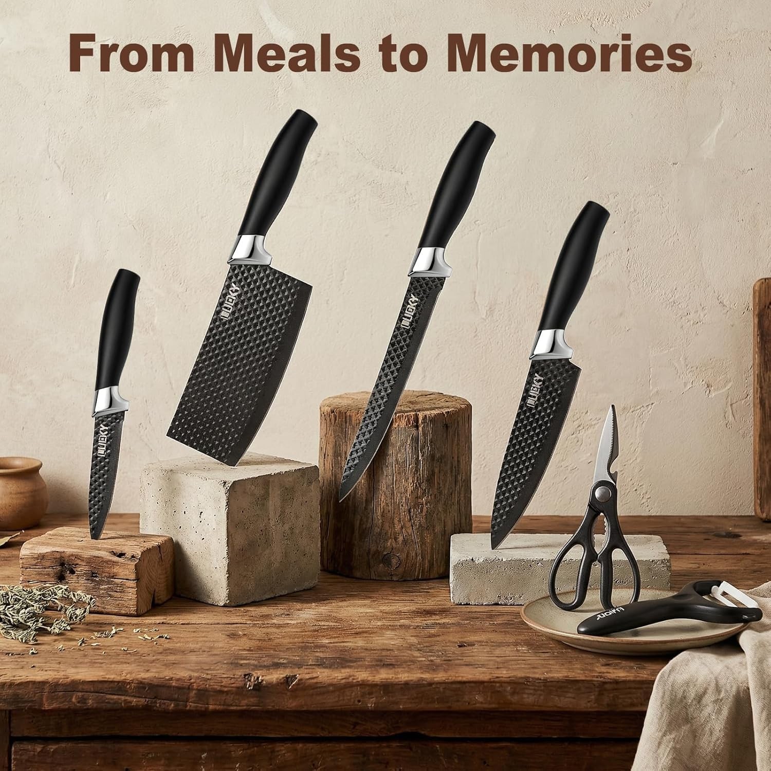 6PCS Kitchen Knife Set Stainless Steel Chef Knives Scissors Peeler Gift Box Blac