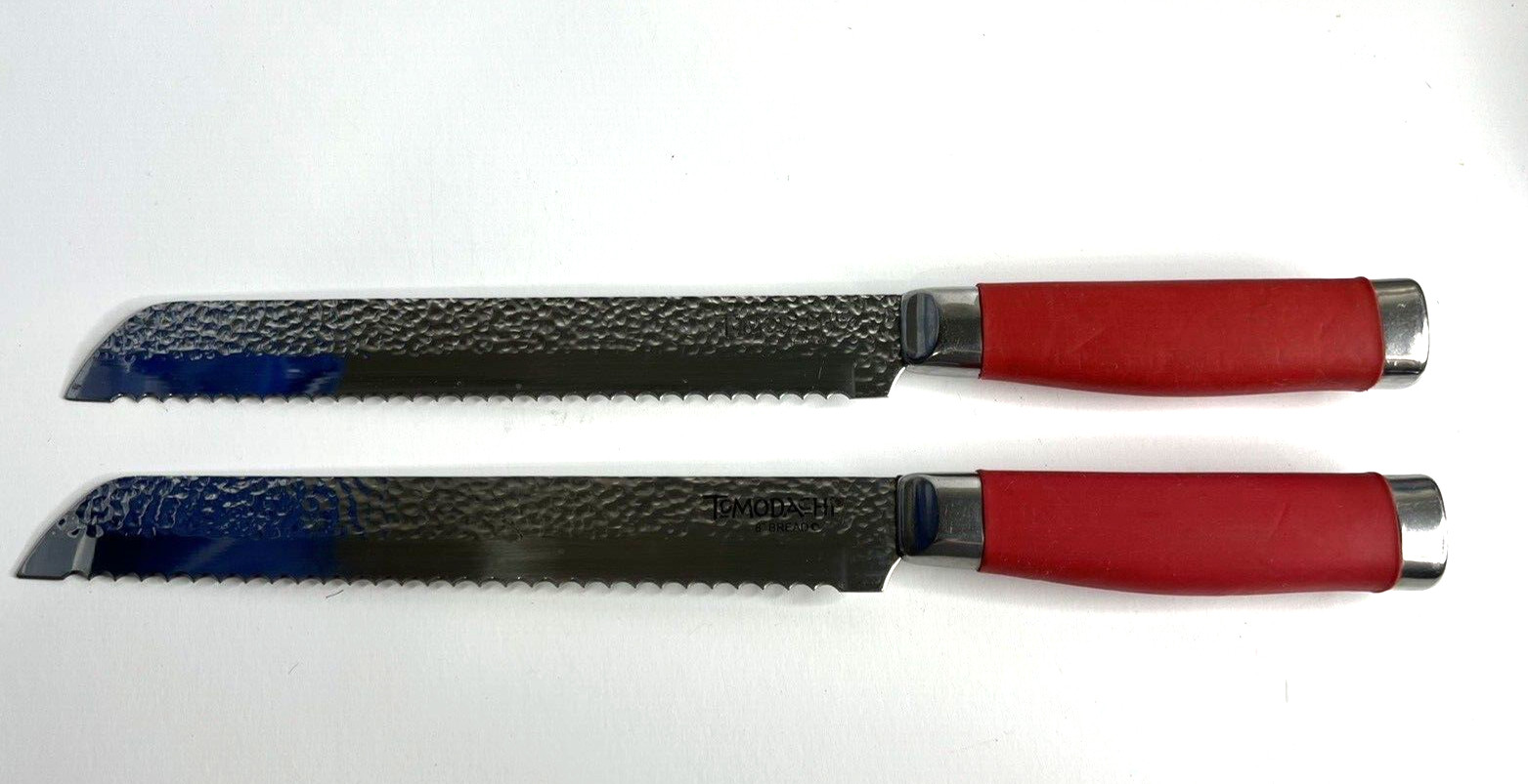 2 Hampton Forge TOMODACHI 8″ Bread Serrated Knife Red Handle Hammered Finish