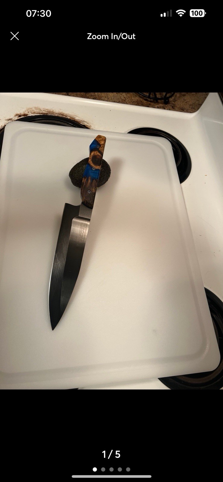 Meglio Knives Custom 8” chefs knife in CD#1 with blue resin elder burl handles
