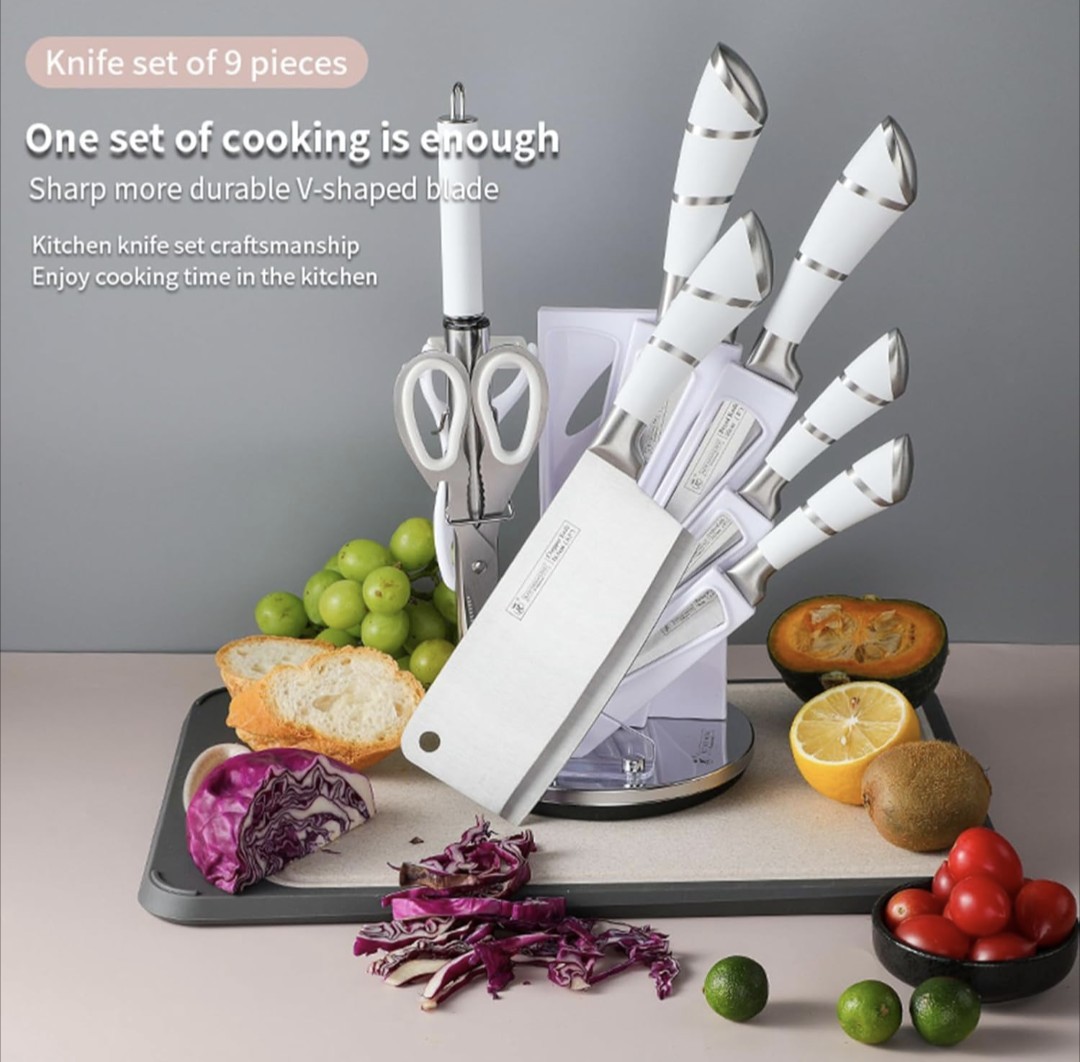 KITCHEN KING 9pc Kitchen Knife Set with Acrylic Block, WHITE & Silver Handles
