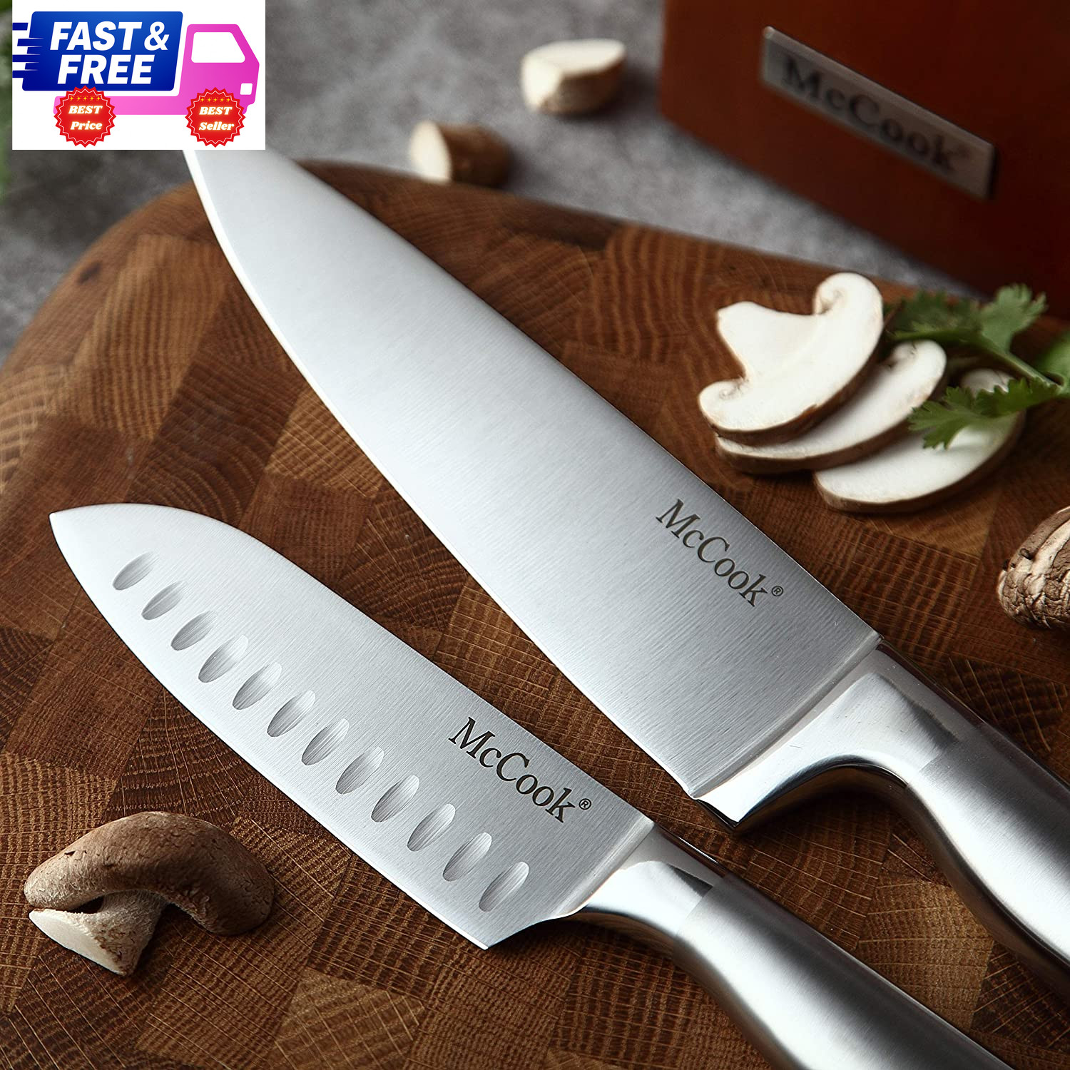 Kitchen Knife Set German Stainless Steel w/ Block & Built-In Sharpener
