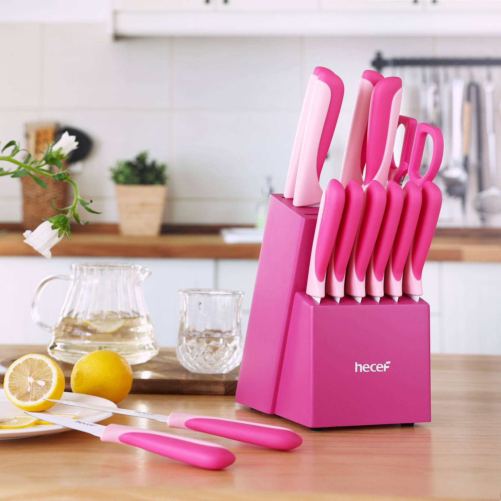 15Pcs kitchen knife block set Multi colored stainless steel nonstick Chef knife