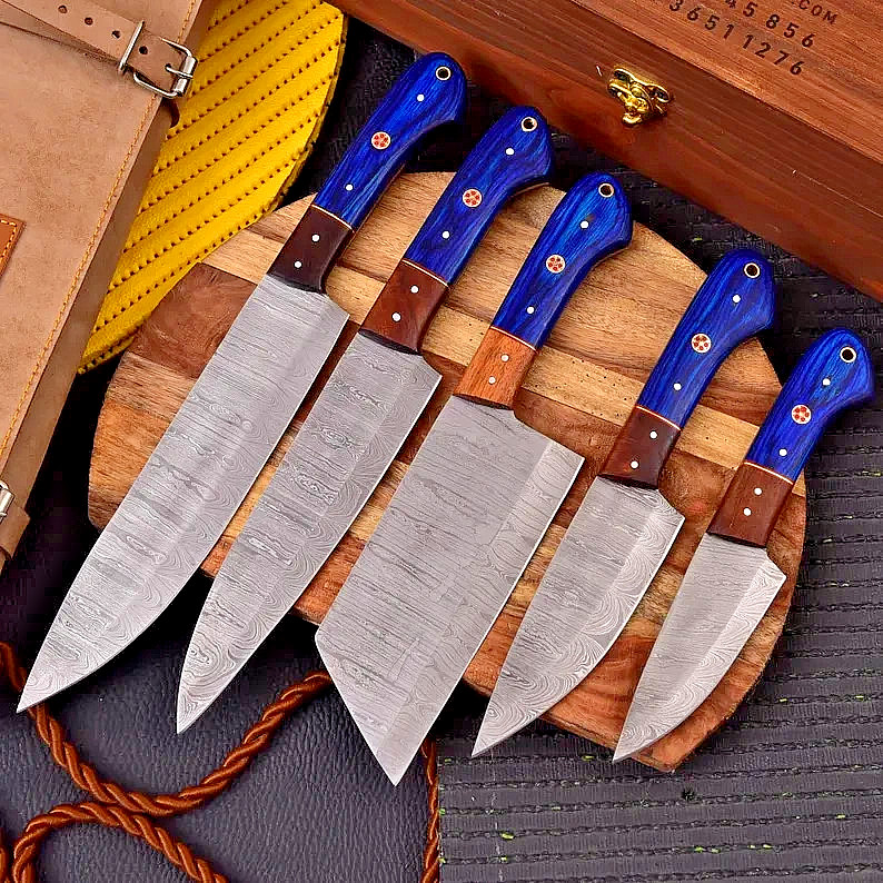 Damascus Chef Knife Set | 5-Piece Handmade Kitchen Knives w/ Leather Roll