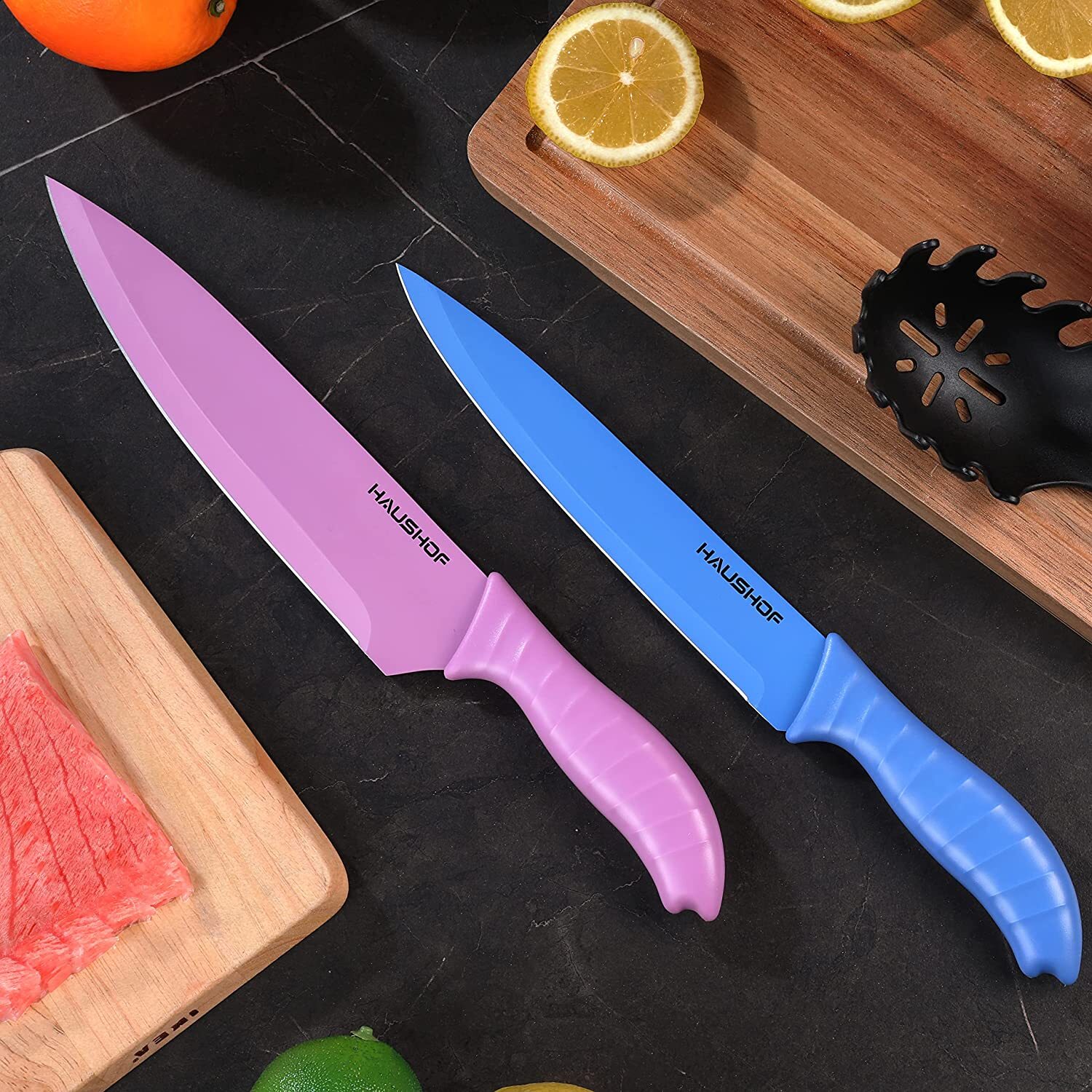 HAUSHOF Kitchen Knife Set 6PC Non-Stick Coated Stainless Steel Blades for Dicing