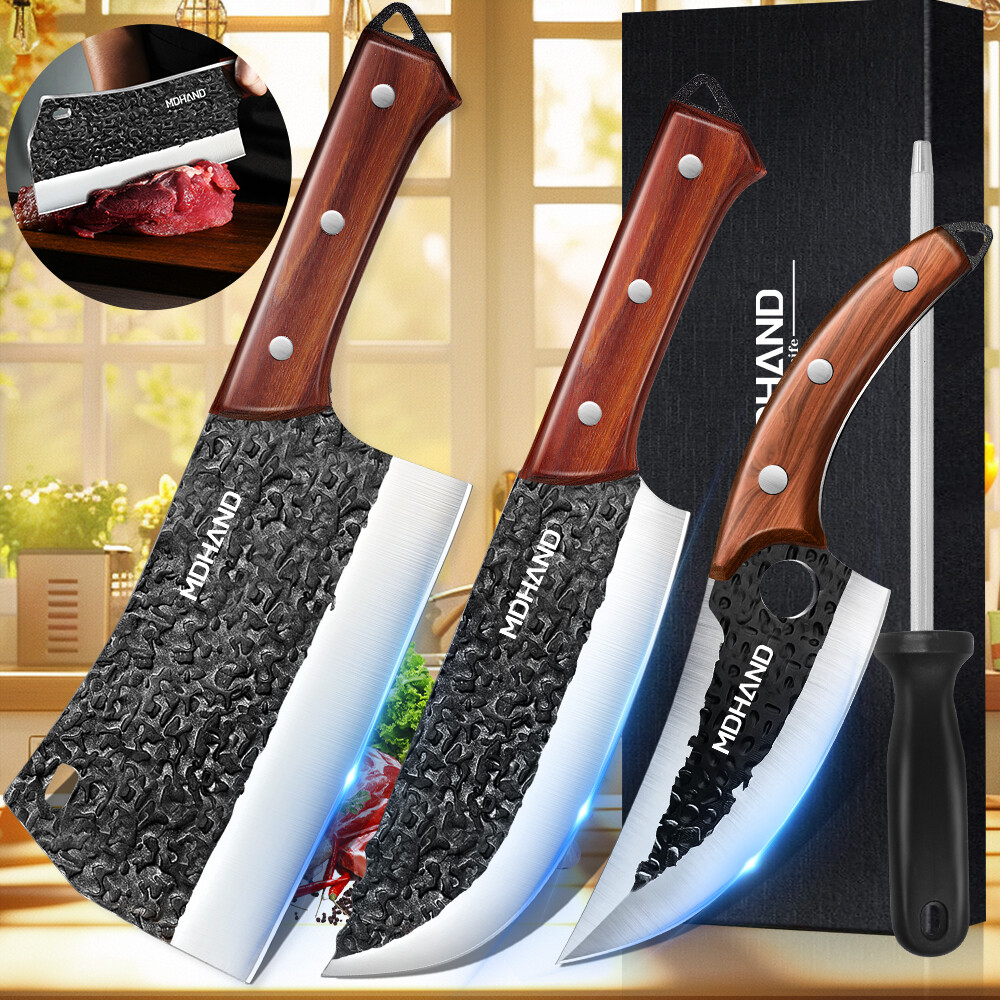 Hand Forged Meat Cleaver Knife Butcher Chef Knife Set w/ Sheath Outdoor Cutting