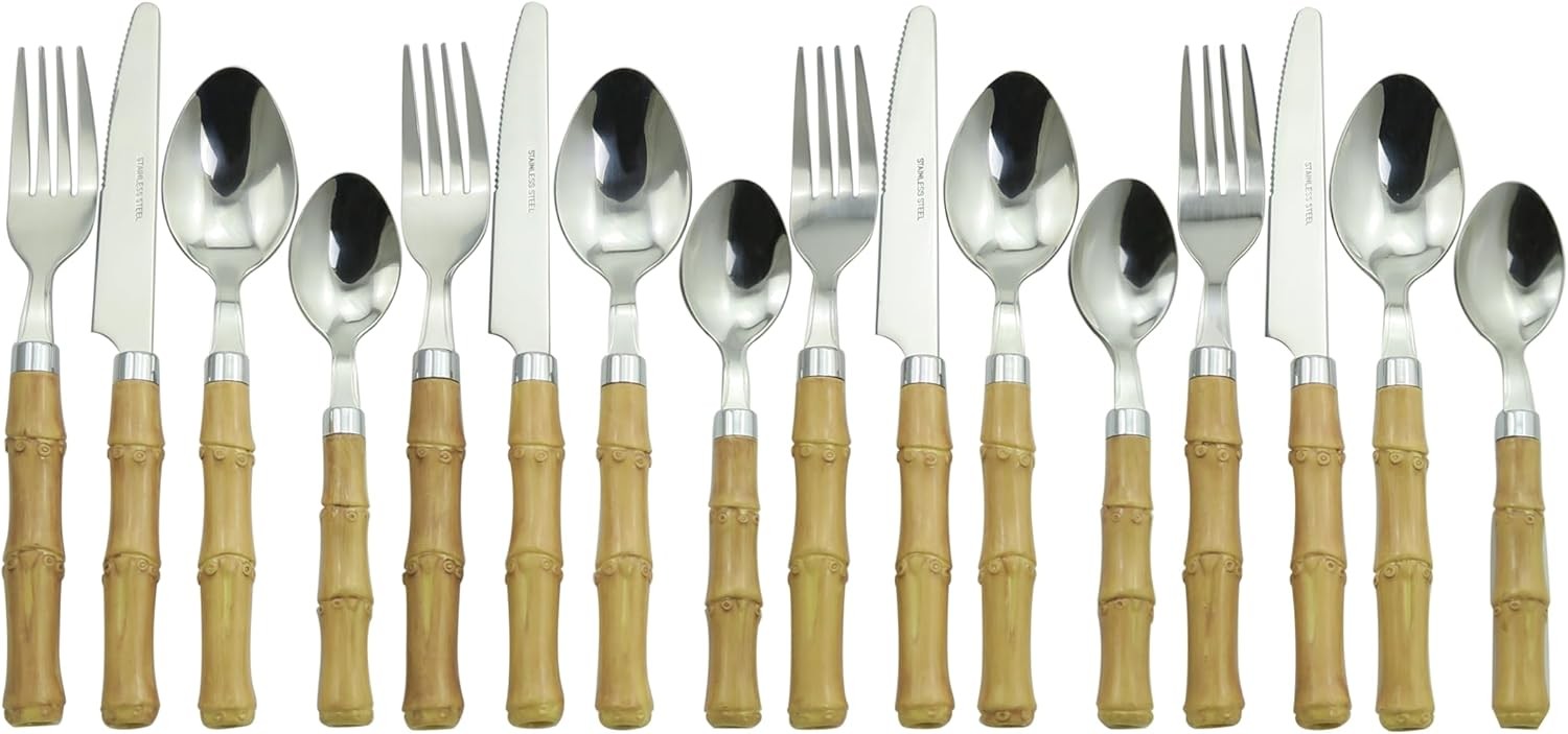 Bamboo Stainless Steel Cutlery Set with Naturalistic Bamboo Handles 16 Pieces