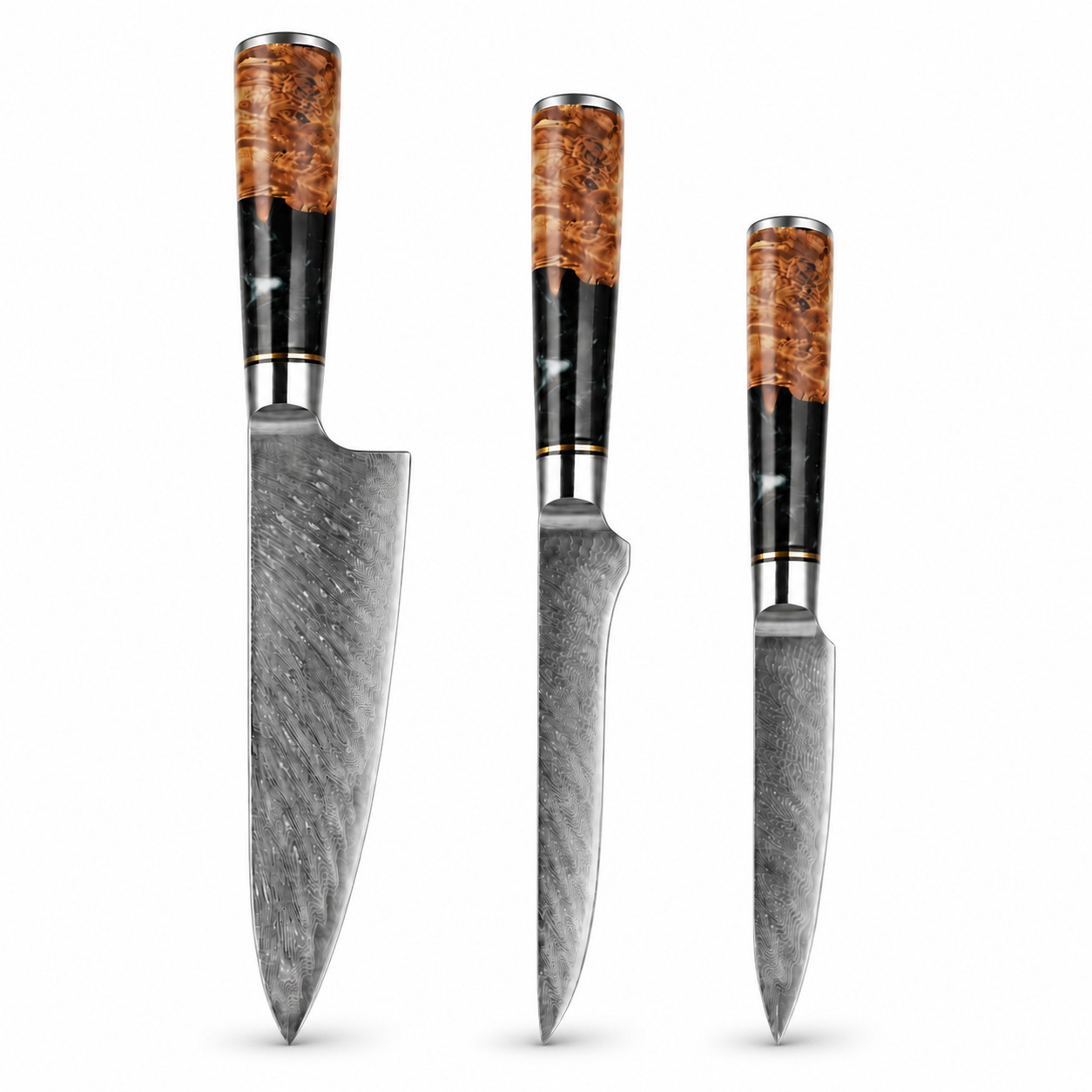 3-Piece Damascus Knife Set 67-Layer VG10 Japanese Kitchen Knives Black Resin