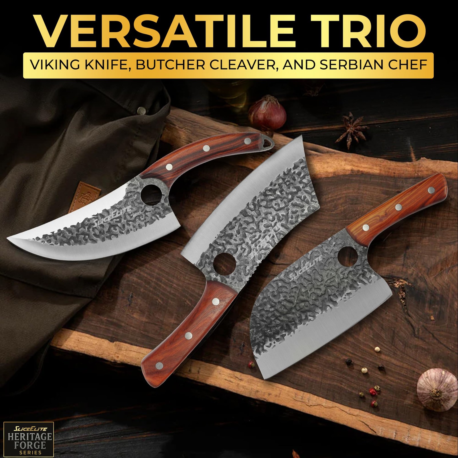 SliceElite 3PC Butcher Knife Set Serbian Chef Meat Cleaver Viking High Carbon