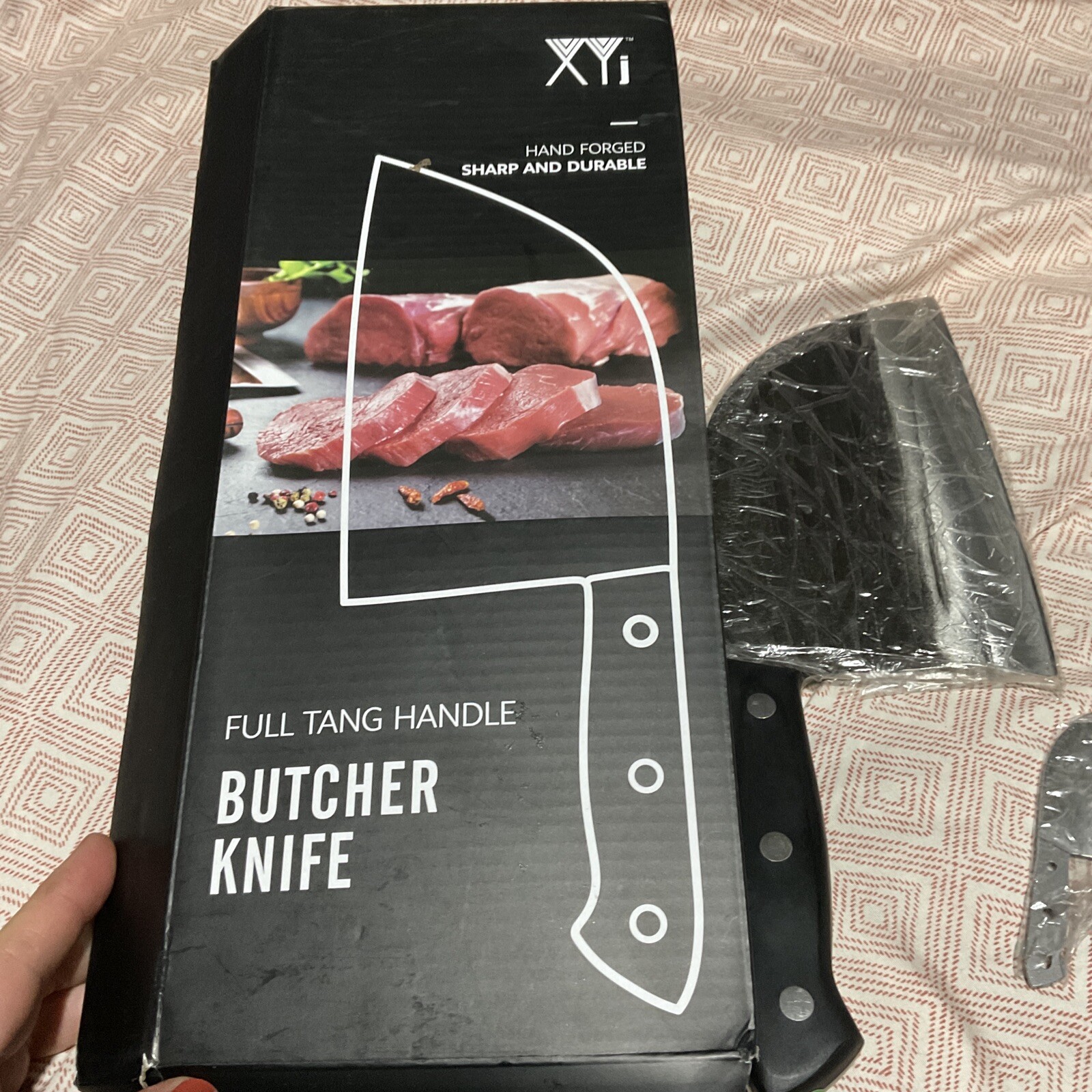 New XYJ Full Tang Butcher Knife High Carbon Clad Steel Cleaver Leather Sheath