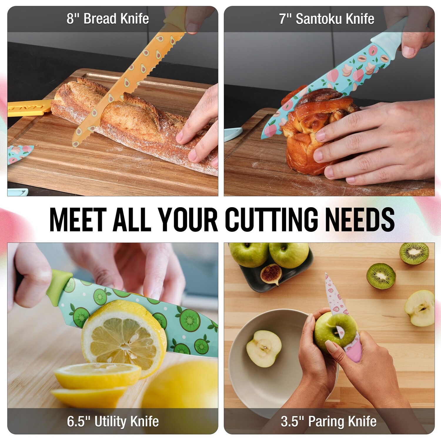 HAUSHOF 6 Kitchen Knife Set Non-Stick Coated Stainless Steel Blades with Sheaths
