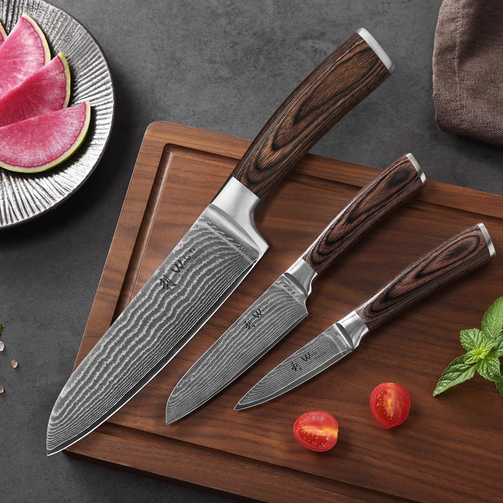 Wakoli EDIB 3-Piece Damascus Kitchen Knife Set in Wooden Gift Box – (VG10 Core)