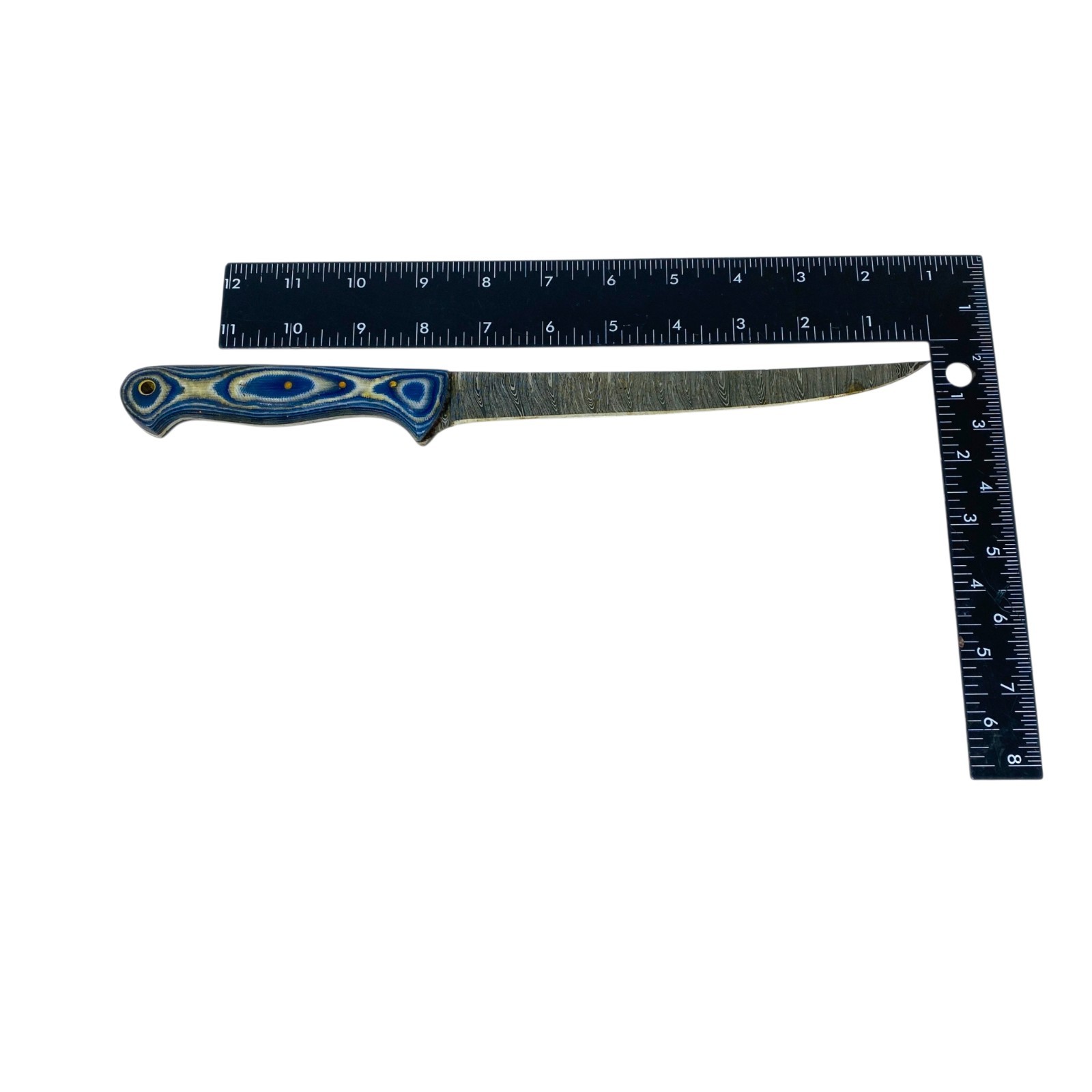 Damascus Steel Fillet Boning Knife Blue Layered Handle Black Leather Sheath
