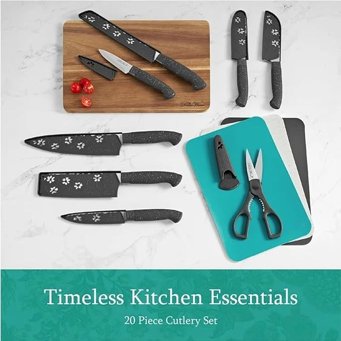 Pioneer Woman 20 Pc Speckle Cutlery Set Charcoal Knives Scissors Cutting Mats