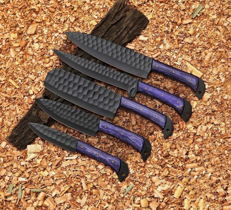 Handmade 5Pcs Kitchen Chef Knife Set Blue Handle Custom Steel Cleaver Sheath