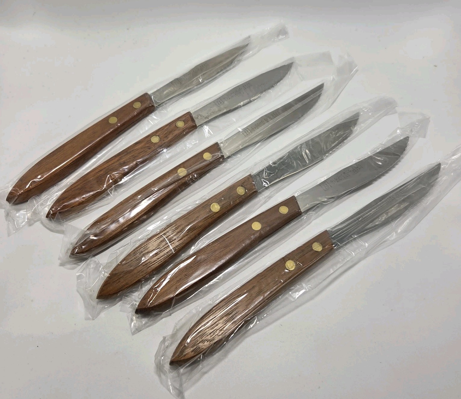 NOS (6) Bloomfield Steak Knives #3925 ~8 1/8″ Stainless Steel Japan Wood Handle