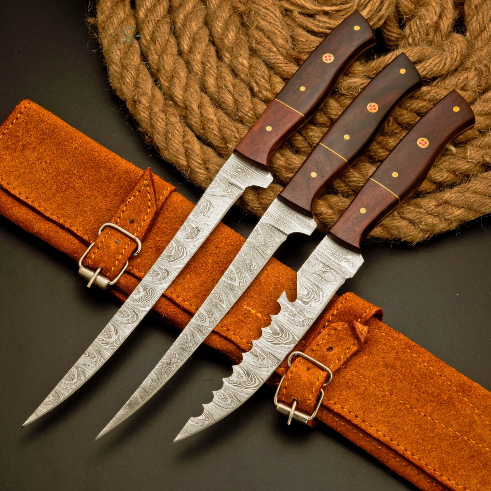 3 Pc Handmade Damascus steel Fillet knife set with Leather Roll kit