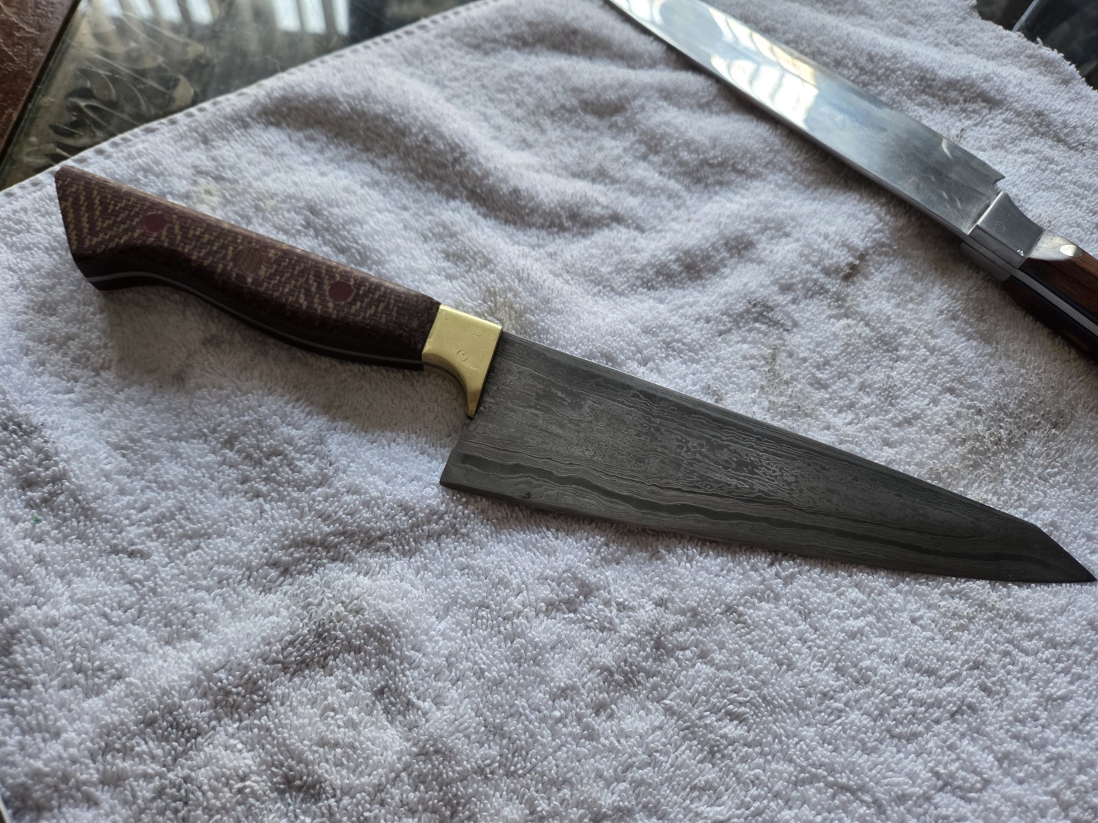 7-1/4 Inch K-tip Damascus Chef’s Knife With Maroon Houndstooth Micarta Handle