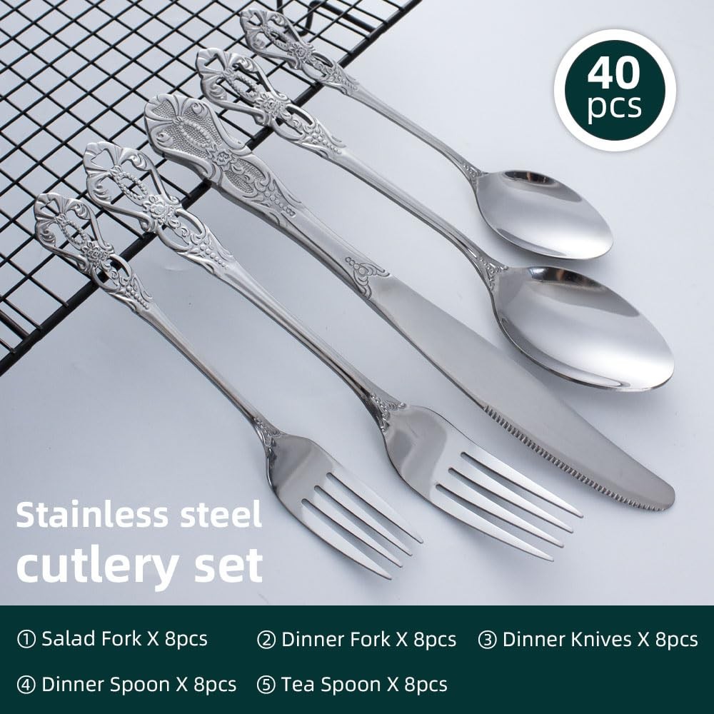 40-Piece Stainless Steel Flatware Set, Silver Silverware Set Service for 8, C…
