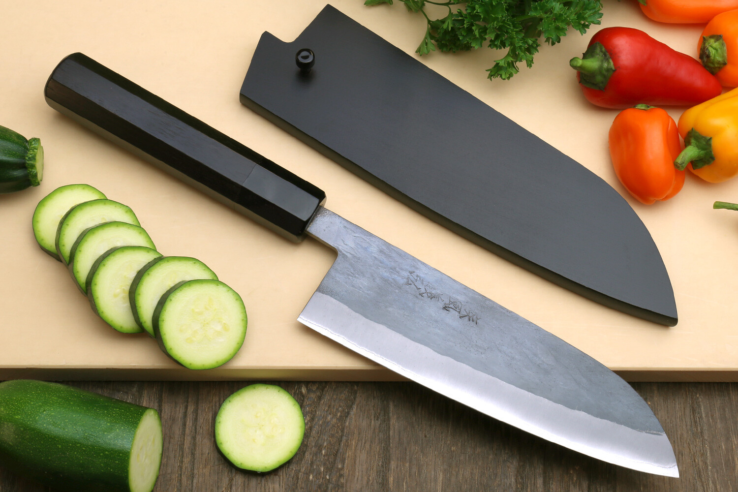 Yoshihiro Kurouchi Black-Forged Blue Steel #2 Stainless Clad Santoku Knife