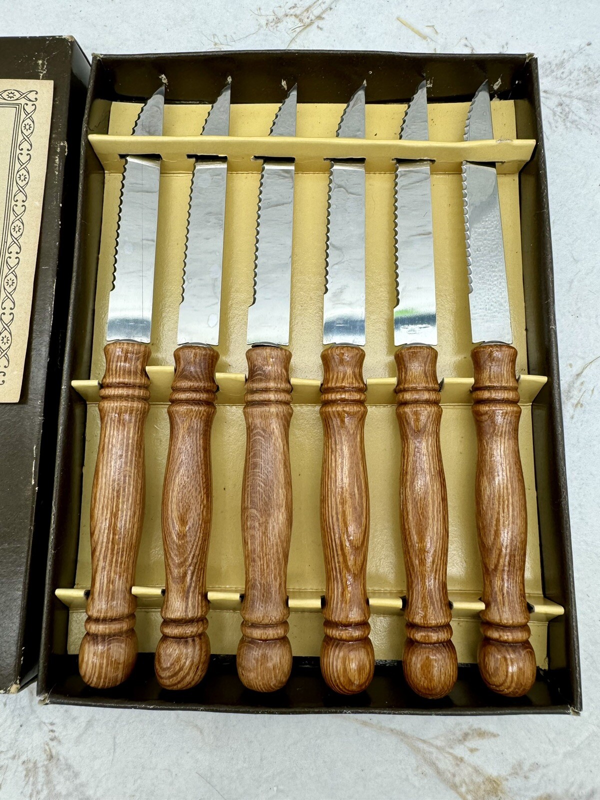 VTG 1970s Gourmet Turned Wood Handle Steak Knife Set Of 6 Made In Taiwan MCM