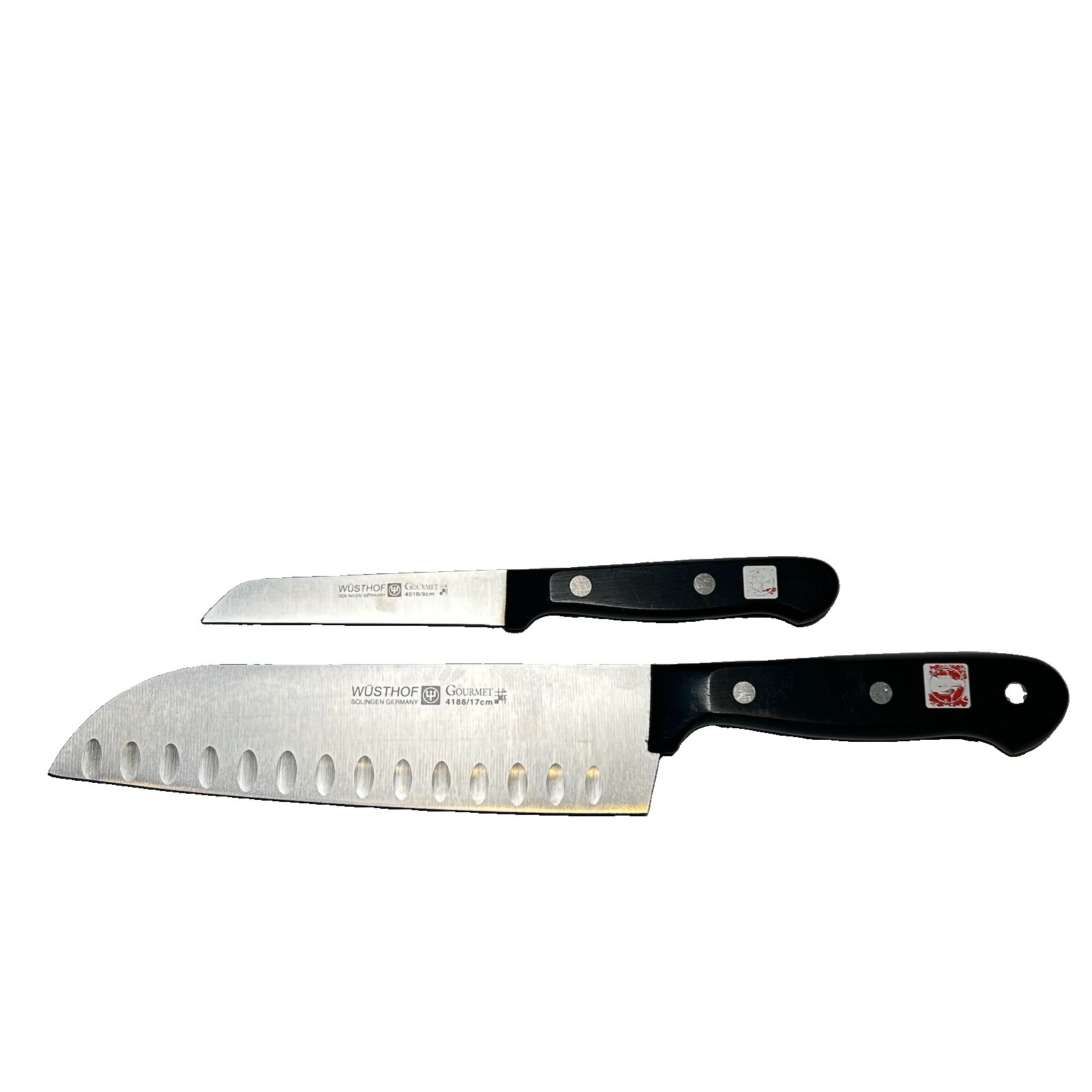 2 Wusthof Knives 4188 and 4010 Lot of 2 Santoku Knife Flat Cut Pairing