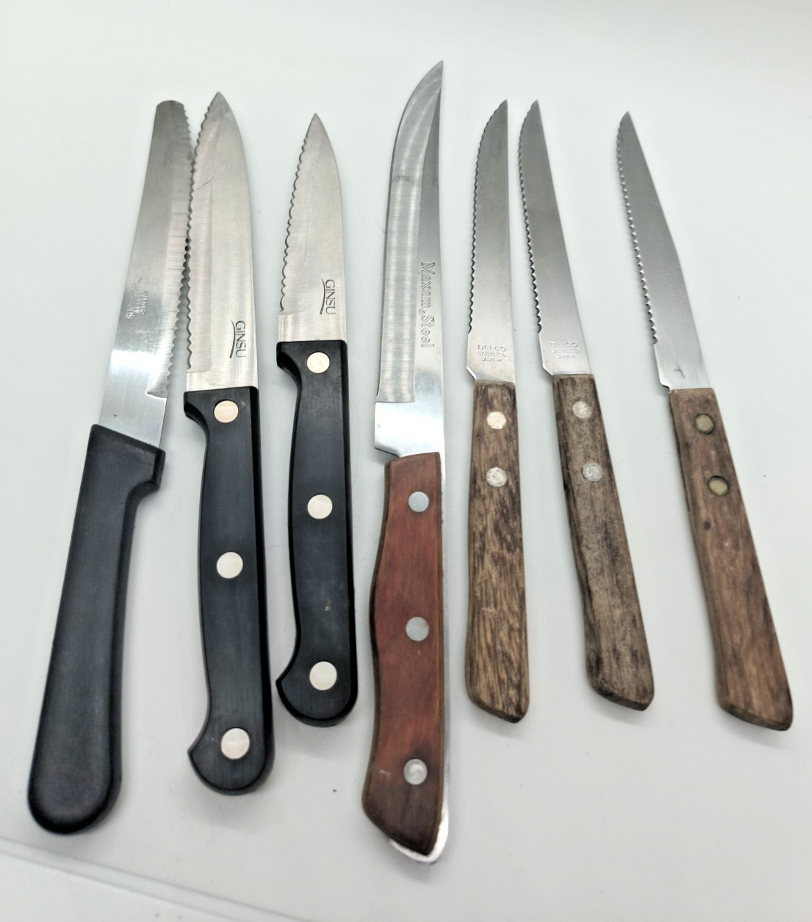 7 Steak Knives, Ginsu Delco Maxam Steel 6” Superior Hanford Forge Lot Wooden