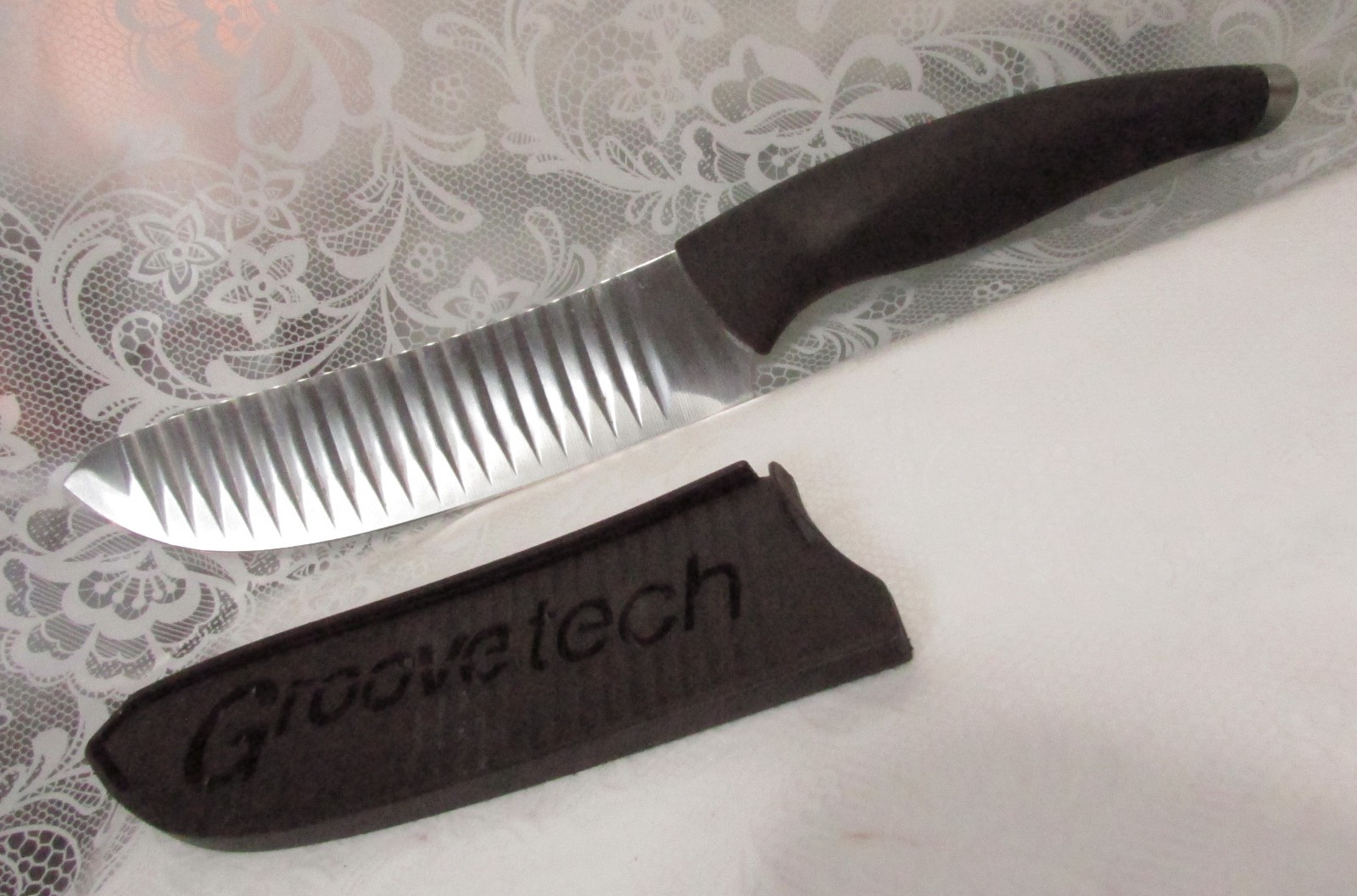 Groove Tech 5″ Blade Chef Kitchen KNIFE with SHEATH Black Rubber Handle Made USA