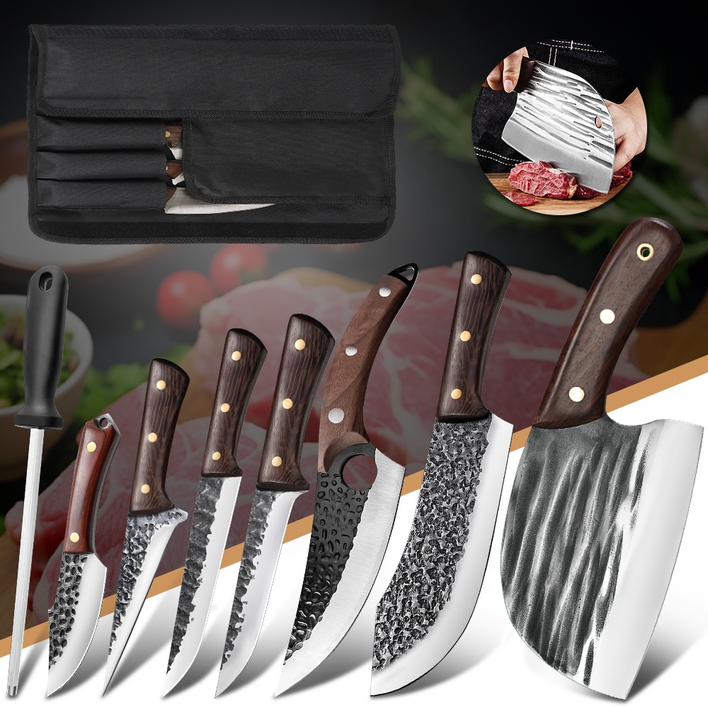 9 Pcs Hand Forged Viking Knife Set Japanese Meat Cleaver Boning Knife Sheath Bag
